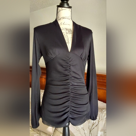 BISOU BISOU Black V-Neck Ruched Pleated Long Sleeve Nylon Blouse Size Medium - Picture 1 of 9